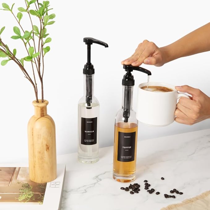 Molimoli Set of 2, 350ml, Coffee Syrup Dispenser for Coffee Bar, Coffee Pump Dispenser, Glass Syrup Bottle w. Pumps, Simple Syrup Dispenser w. Labels (Black)