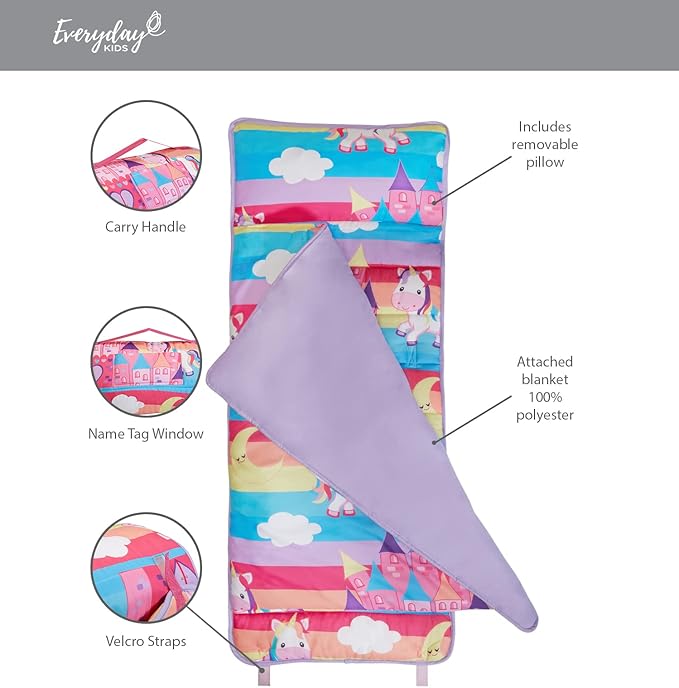 EVERYDAY KIDS Nap Mat with Removable Pillow - Unicorn Dreams - Carry Handle with Straps Closure, Rollup Design, Soft Microfiber for Preschool, Daycare, Travel Sleeping Bag - Ages 3-6 Years