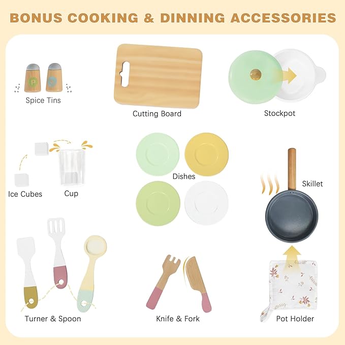 Labebe Wooden Kids Play Kitchen, Toy Kitchen Set with Plenty of Play Features & Cookware, Toddler Kitchen Playset Designed in Trendy Home Style for Boys Girls
