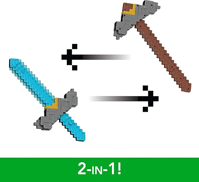 Mattel Minecraft Sword and Pickaxe 2-in-1 Toy, Button-Activated Click and Switch Role-Play Accessory Inspired by A Minecraft Movie