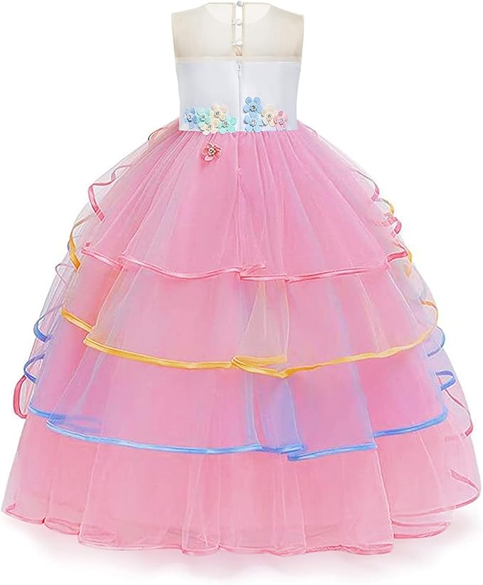 Unicorn Dress for Girls Unicorn Costume Pageant Princess Party Birthday Long Gown with Unicorn Headband & Necklace