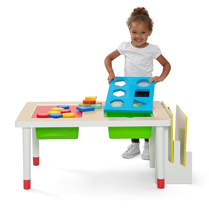 Delta Children Play and Learn Sensory Table for Kids Includes Shape Sorting, Building Block Baseplate, Gears and Musical Instruments - Use as Sand/Activity Table, White/Primary