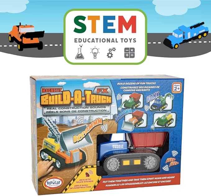 POPULAR PLAYTHINGS Magnetic Build-a-Truck Set - 4 Construction Vehicles with Real Construction Site Sounds