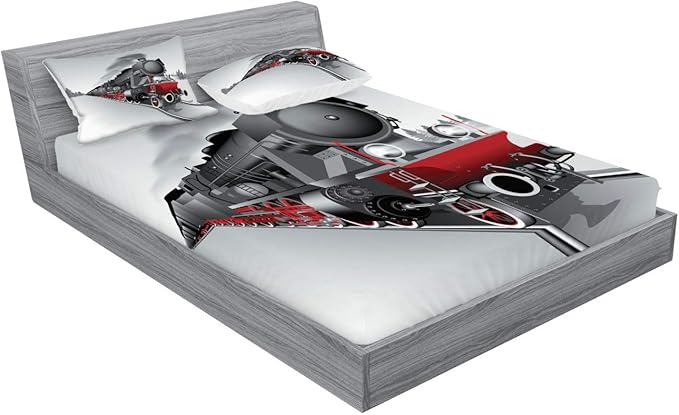 Ambesonne Steam Engine Fitted Sheet & Pillow Sham Set, Locomotive Red Black Train on Steel Railway Track Travel Adventure Graphic Print, Decorative Printed 3 Piece Bedding Decor Set, Calking, Red