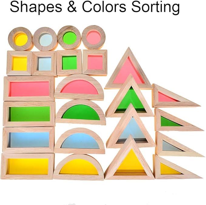 BOHS Rainbow Sensory Blocks (24 pcs) - Wooden Toys for Toddler Gift- Play on Light Table/Sunny Window