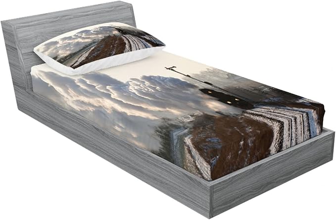 Ambesonne Steam Engine 2 Pack Fitted Sheet & Pillow Sham Set, Train Snowy Scene, 4 Pcs Bedding Decor, Package Contains 2 Twin Size Fitted Sheets & 2 Pillow Covers, Dimgrey
