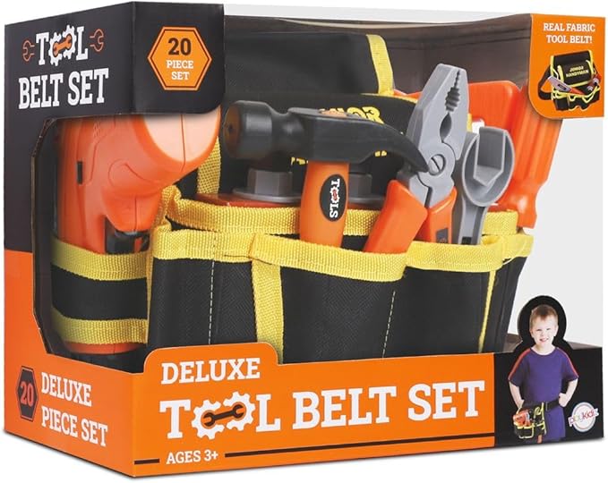 20Pcs Kids Tool Set - Kids Tool Belt with Electronic Drill Toy, Pretend Construction Durable Toddler Tool Set for Boys and Girls Ages 3 to 8 Years Old, Adjustable Toddler Tool Belt
