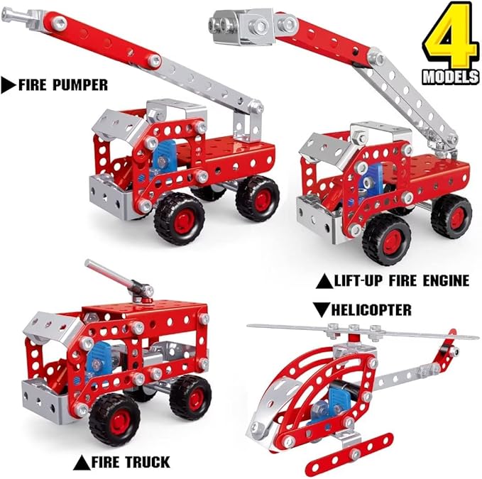 Stem Building Toys for Boys Age 8-12,Erector Sets Fire Trucks Series Model Kit,Assembly Toys for Kids,Metal Building Toys for Model 4 in 1 Fire Fighting Cars(121PCS)
