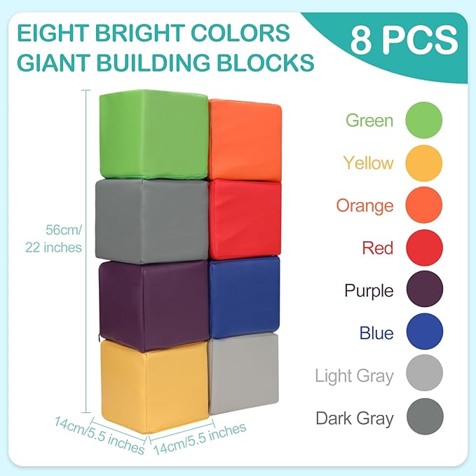 8 PCS Foam Blocks PU Leather Soft Building Play Soft Cubes for Kids Colourful Foam Stacking Blocks for Indoor or Outdoor Play-Set Preschool Learning