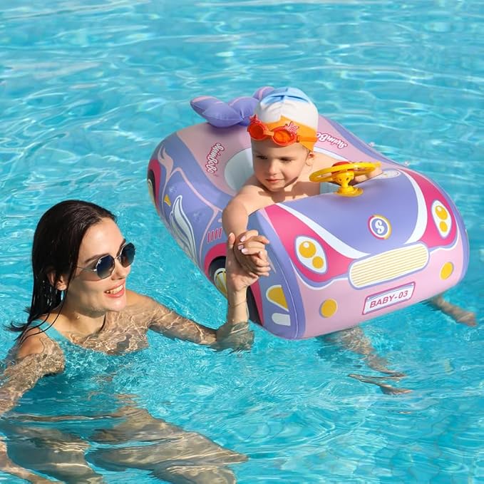 3D Car Thick PVC Inflatable Baby Swim Pool Float with Sun Shade Cover and Steering Wheel - Age 1-4 Years Old