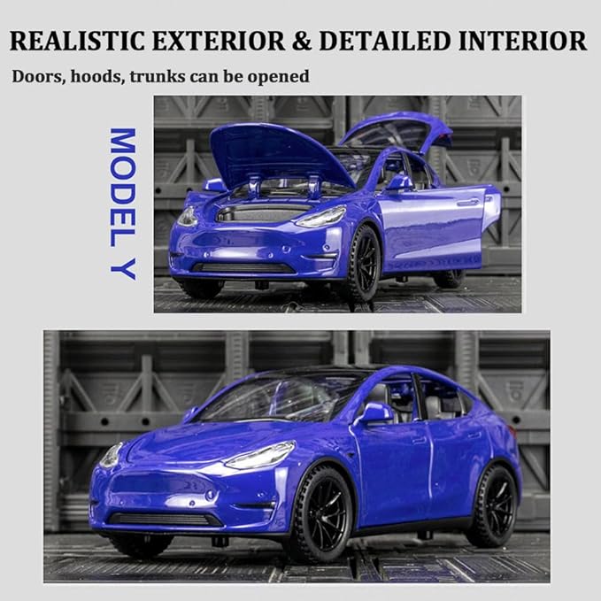 1/24 Scale Diecast Car Model Y, Alloy Diecast Toy Cars Pull Back Toys with Sound & Light, Vehicles Toys for Kids Gift Car Lovers Collection (1/24 Model Y -Blue)