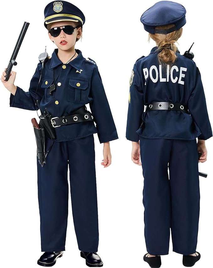 Golray Police Officer Costume for Kids Boys Girls - 12PCS Kids Police Costume Cop Uniform Outfit Role Play with Police Toys Accessories, 3 4 5 6 7 8 9 10 11 12 Year Old Kid Halloween Costume Dress up