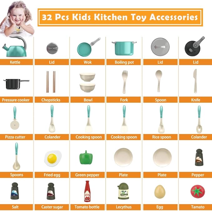 Bruvoalon 32Pcs Kids Play Kitchen Toys Set, Toddlers Pretend Cooking Playset Acccessories with Pots Pans, Utensils Cookware, Foods, Canned Veges, Learning Gift for Kids Girls Boys (Green)