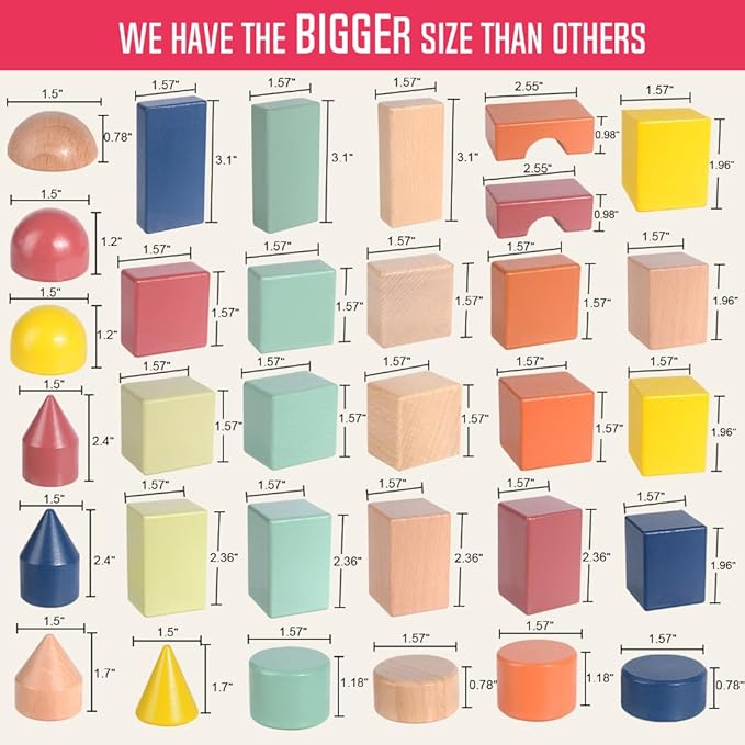 Migargle Large Wooden Building Blocks for Toddlers - Educational Preschool Learning Toys with Storage Bag, Innovative Shapes & Variety Colors to Build More Combinations (48Pcs)