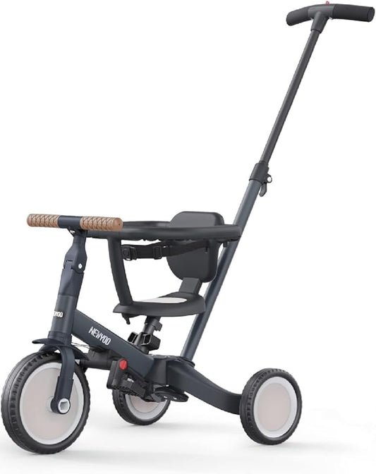 newyoo 5 in 1 Tricycles for 1-3 Year Olds, Baby Balance Bike, Christmas and Birthday Gift for Boy and Girl, Toddler Bike with Parent Push Handle, Safety Guard, Backrest, Safety Belt, Dark Grey, TR008