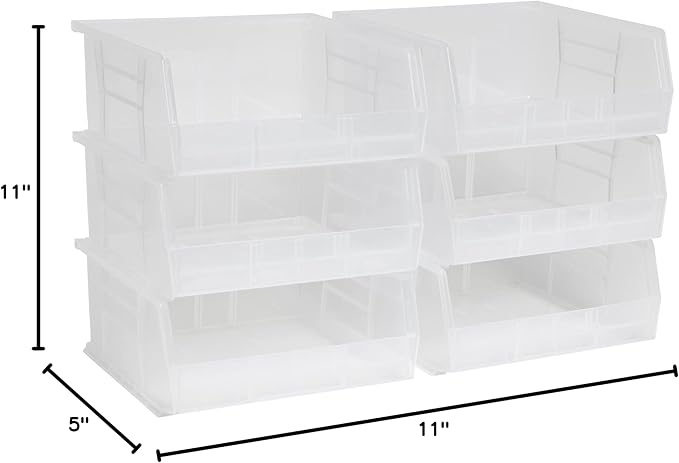 Akro-Mils 30235 AkroBins Plastic Storage Bins, Space-Saving Stackable Bins for Garage, Pantry, Craft Organization, 11-" x 11-" x 5-", Clear, 6-Pack