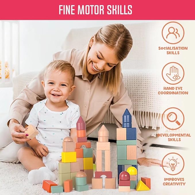 Migargle Large Wooden Building Blocks for Toddlers - Educational Preschool Learning Toys with Storage Bag, Innovative Shapes & Variety Colors to Build More Combinations (48Pcs)
