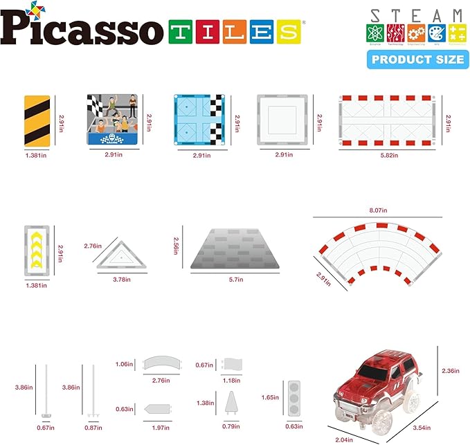 PicassoTiles Magnet Tile Race Car Track Construction Toy Blocks with 2 Trucks Accessory Street Sign Add-on Kit Magnetic Building Tiles Stadium Seat Playset STEAM Fine Motor Learning Kids Age 3+ PTQ05