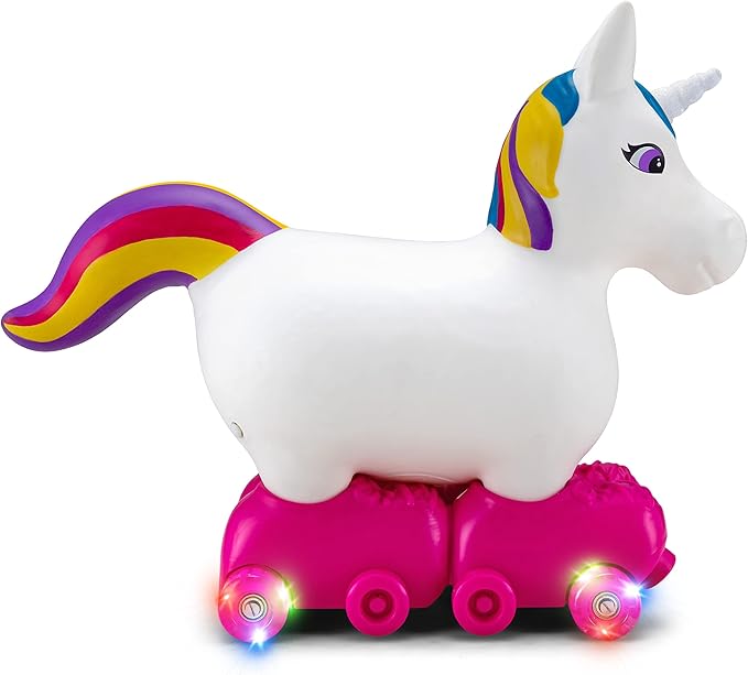 Kid Trax Silly Skaters Unicorn Toddler Foot to Floor Ride On Toy, Kids 1-3 Years Old, Soft and Inflatable, Single Rider, Light Up LED Rollerskates, White (KT1590)