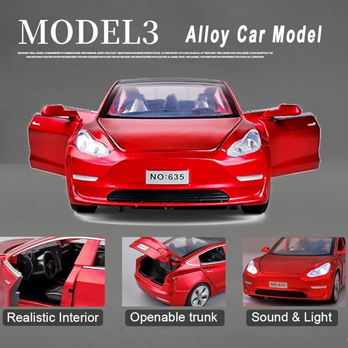 1/24 Scale Diecast Car Model 3, Alloy Diecast Toy Cars Pull Back Toys with Sound & Light, Vehicles Toys for Kids Gift Car Lovers Collection (1/24 Model 3 -Red)