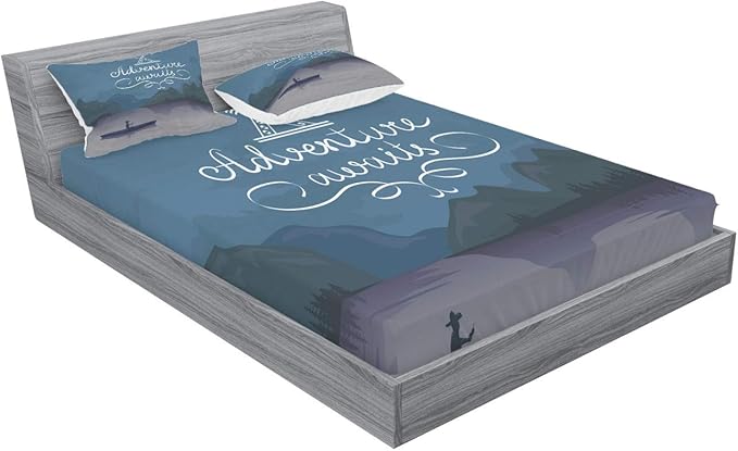 Ambesonne Saying Fitted Sheet & Pillow Sham Set, Kayak in a Mountain Lake at Night Camping Activity Lifestyle Adventure Words, Decorative Printed 3 Piece Bedding Decor Set, Queen, Purple Grey Teal