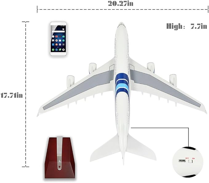 24-Hours 18" 1/160 Scale Airplane Desk Model Malaysia A380 Model Plane Collection with LED Light(Touch or Sound Control) Wood Stand & Gear Reg