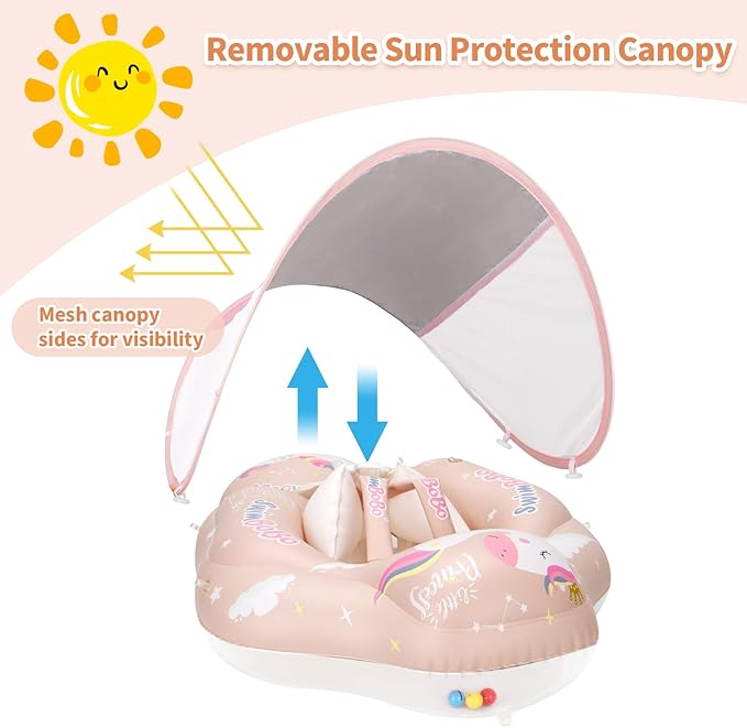 Free Swimming Baby Infant Pool Float with Sun Canopy Inflatable Baby Swimming Floatie with Sponge Safety Bottom Support Water Toys Swimming Trainer (Pink, Large)