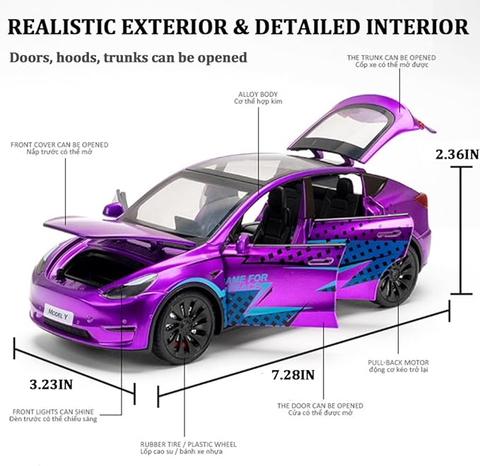 1/24 Scale Diecast Car Model Y, Alloy Diecast Toy Cars Pull Back Toys with Sound & Light, Vehicles Toys for Kids Gift Car Lovers Collection (1/24 Model Y -Purple)