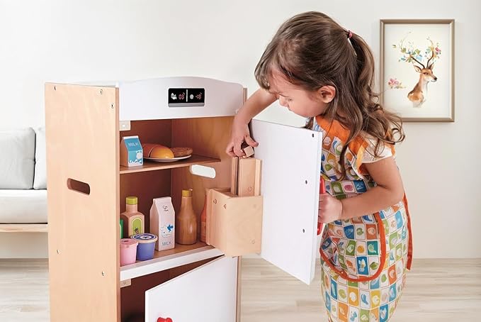 Hape Gourmet Kitchen Wooden Fridge | Cabinet Style Refrigerator Fridge Freezer with Ice Dispenser