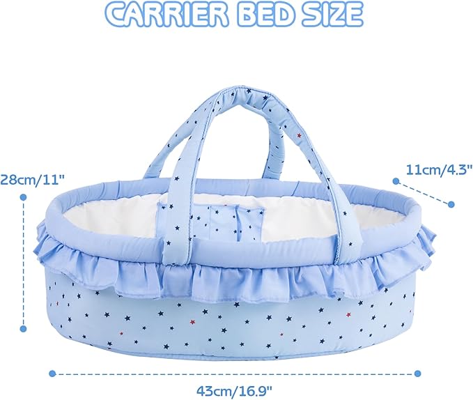 Aori 8 Pcs Reborn Baby Dolls Outfit Set with Bassinet Accessories for 16-18 Inch Baby Doll, Blue Carrier Bed and Baby Doll Clothes fit Newborn Baby Dolls