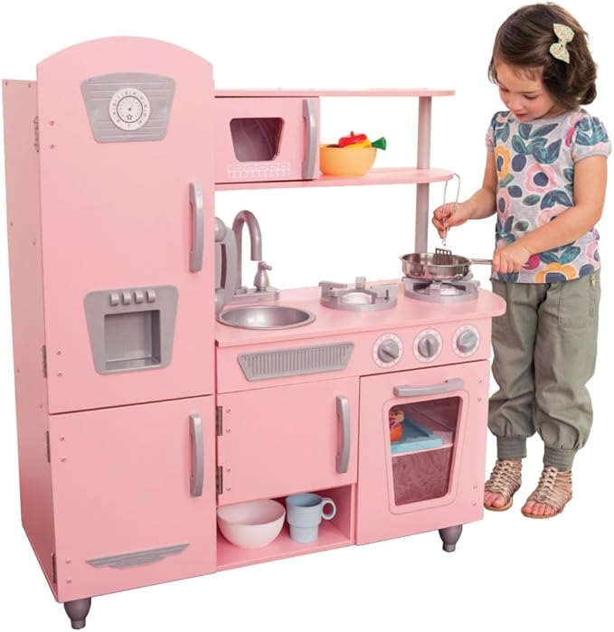 KidKraft Vintage Wooden Play Kitchen with Pretend Ice Maker and Play Phone, Pink