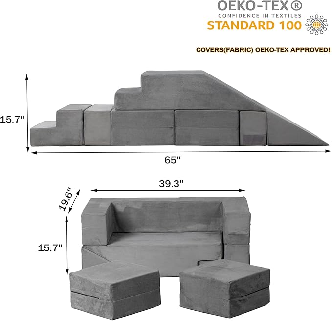 Kids Play Couch Foam Climbing Blocks for Toddlers Sofa Convertible Climbing Toy for Creative Child Girls and Boys Climber Playroom Furniture (Grey)