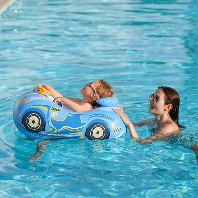 3D Car Thick PVC Inflatable Baby Swim Pool Float with Sun Shade Cover and Steering Wheel - Age 1-4 Years Old