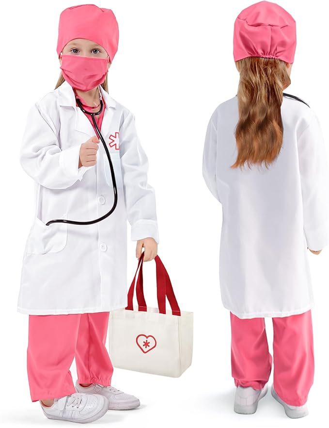 Doctor Costume for Kids 3 4 5, Toddler Medical Dress up Clothes with Real Stethoscope & Carry Bag