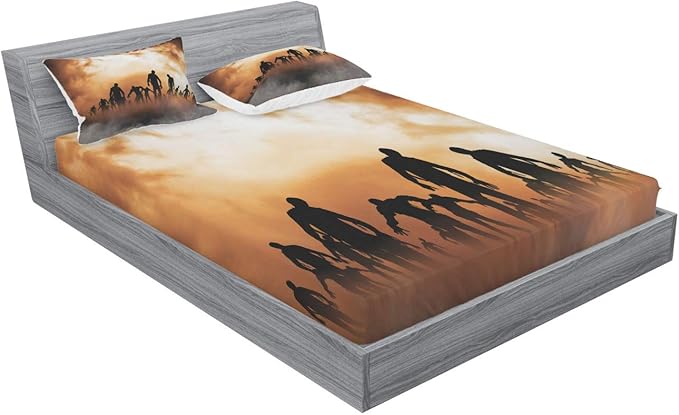 Ambesonne Halloween Home Decor Fitted Sheet & Pillow Sham Set Zombies Dead Men Walking Body in The Doom Mist at Night Sky Haunted 3 Piece Bedding Decor Set for Bedroom Decor Queen, Orange and Black