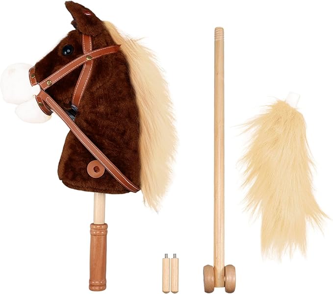 Plush Stick Horse with Wood Wheels Real Pony Neighing and Galloping Sounds Toy, Horse on A Stick Provides Fun Pretend Play for Toddlers & Preschoolers (AA Batteries Required)