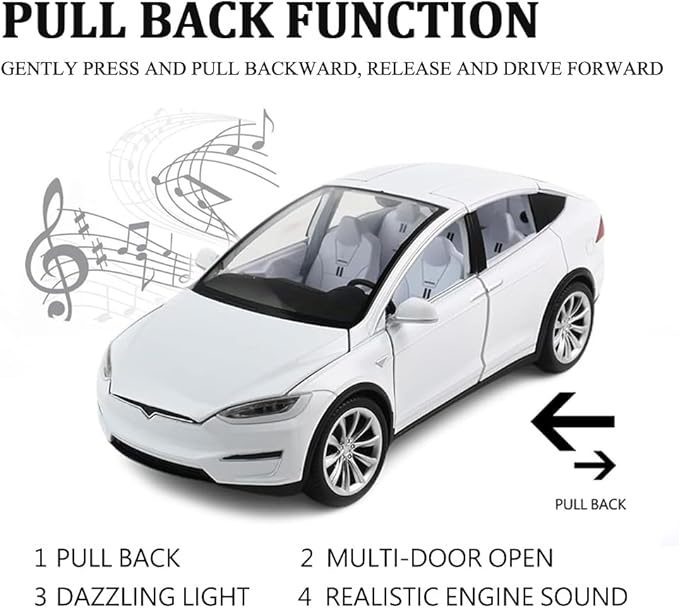 1/24 Scale Diecast Car Model X, Alloy Diecast Toy Cars Pull Back Toys with Sound & Light, Vehicles Toys for Kids Gift Car Lovers Collection (1/24 Model X -White)