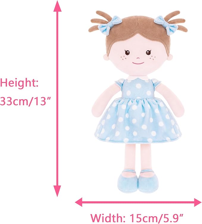 Onetoo Soft Baby Doll First Baby Doll Sleeping Cuddle Buddy Doll Plush Rag Doll Wear Blue Polka Dot Dress14