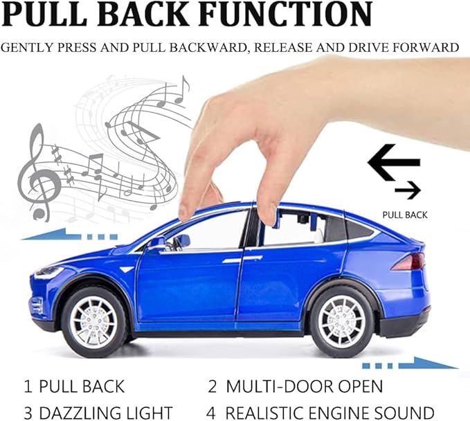 1/24 Scale Diecast Car Model X, Alloy Diecast Toy Cars Pull Back Toys with Sound & Light, Vehicles Toys for Kids Gift Car Lovers Collection (1/24 Model X -Blue)