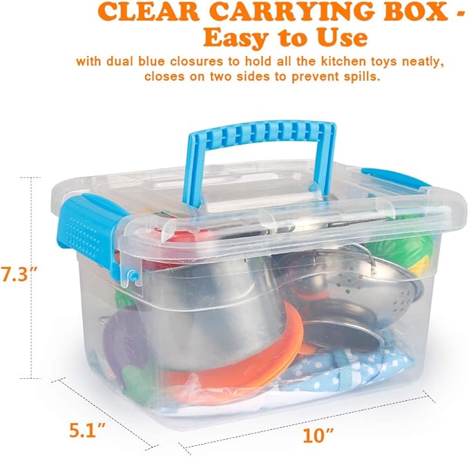 D-FantiX Play Kitchen Accessories, Kids Play Pots and Pans Playset with Mini Stainless Steel Pretend Play Cooking Toys, Cookware Utensils, Apron and Chef Hat, Cutting Food for Toddler Boys Girls