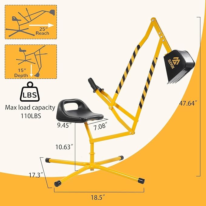 Sand Digger Excavator Toys for Kids Outdoor Sandbox Digger Crane with 360 Degree Rotatable Seat Excavator Ride On Toy Beach Toys Great for Sand Dirt and Snow Steel Outdoor Play Toys, Yellow