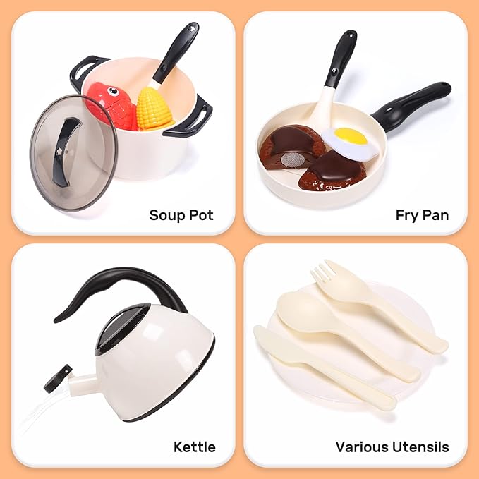 CUTE STONE Play Kitchen Accessories Toy, Play Food Sets for Kids Kitchen, Pretend Kitchen Set for Kids with Play Pots, Pans, Toddler Kitchen Playset Kitchen Toys for Girls Boys
