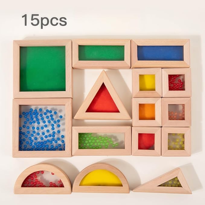 Rainbow Sensory Toys Blocks,15 Large Pcs Wooden Building Blocks for Toddlers Baby Kids,Colorful Geometric Stacking Toys, Preschool Educational Toy Set, Children's Day Gift