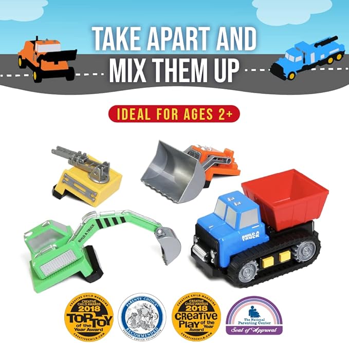 POPULAR PLAYTHINGS Magnetic Build-a-Truck Set - 4 Construction Vehicles with Real Construction Site Sounds
