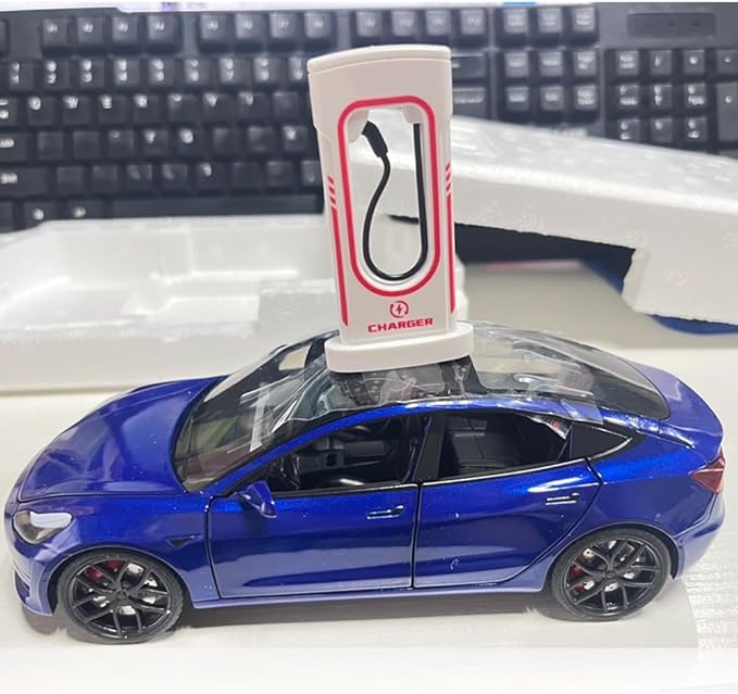 1/24 Scale Diecast Car Model 3, Alloy Diecast Toy Cars Pull Back Toys with Sound & Light, Vehicles Toys for Kids Gift Car Lovers Collection (1/24 Model 3 -Blue)