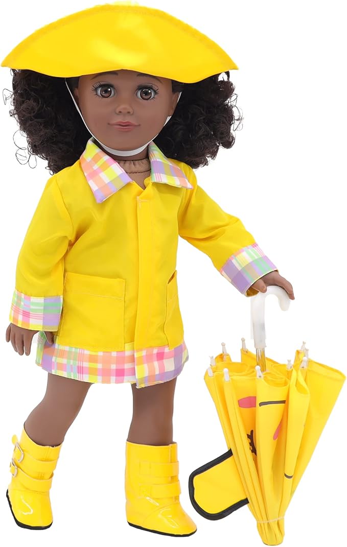 Playtime by Eimmie 18 Inch Doll Clothes and Accessories - Yellow Raincoat Set with Hat, Boots & Cat Face Umbrella - Clothing Sets & Stuff - Fits American, Generation & Other 18" Dolls for Girls
