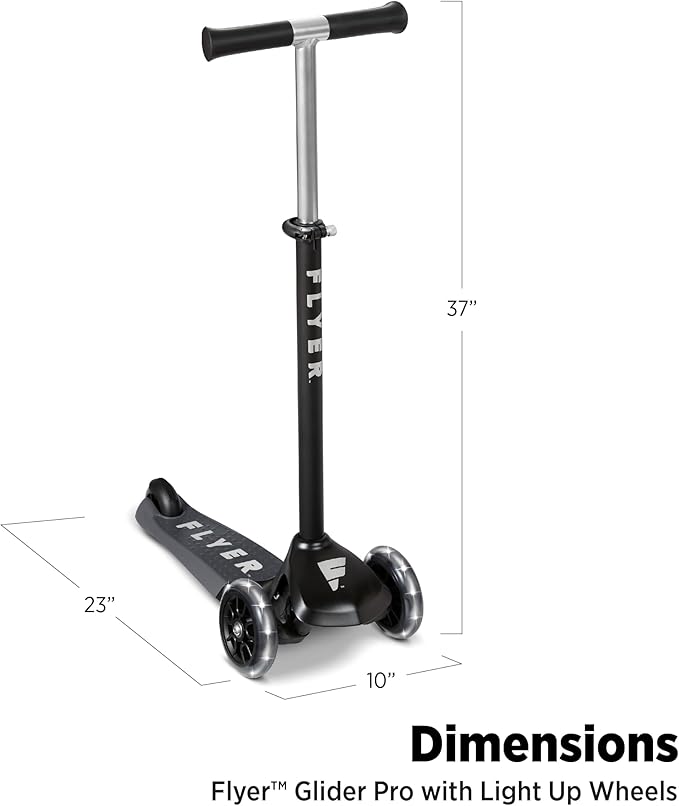 Kids Scooter, 3 Wheel Scooter, Flyer Glider Pro with Light Up Wheels, Black, Radio Flyer Ride On Toys for Kids 5-12 Years Old, for Outdoor Riding