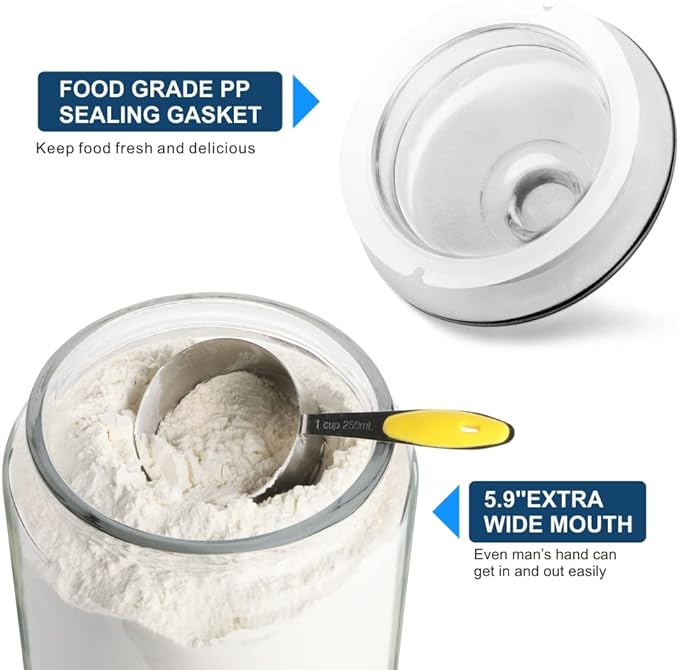 1.5 Gallon Glass Canister, 2 Pack Cookie Jar & Candy Jar with Airtight Lid, Heavy Duty Glass Canisters for Kitchen, Suitable for Flour, Sugar, Rice, Pasta, Beans, Laundry Room Storage
