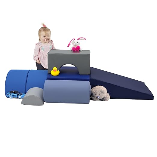 FDP SoftScape Playtime and Climb Multipurpose Playset for Infants, Toddlers 10m-2yrs; For Crawlers and Little Builders, Learn Gross Motor Skills at Home or Daycare (6-Piece)- Navy/Powder 12364-NVPB