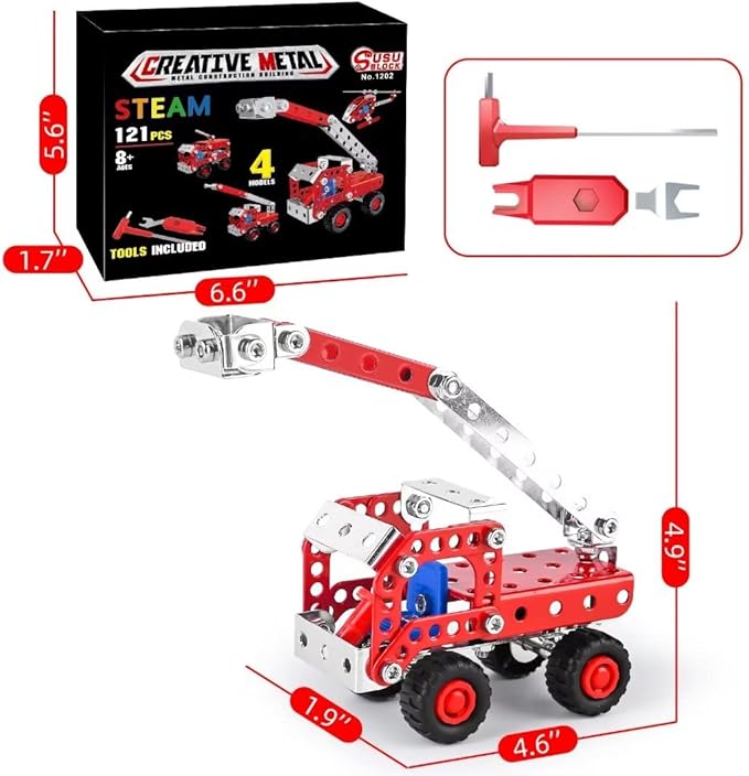 Stem Building Toys for Boys Age 8-12,Erector Sets Fire Trucks Series Model Kit,Assembly Toys for Kids,Metal Building Toys for Model 4 in 1 Fire Fighting Cars(121PCS)